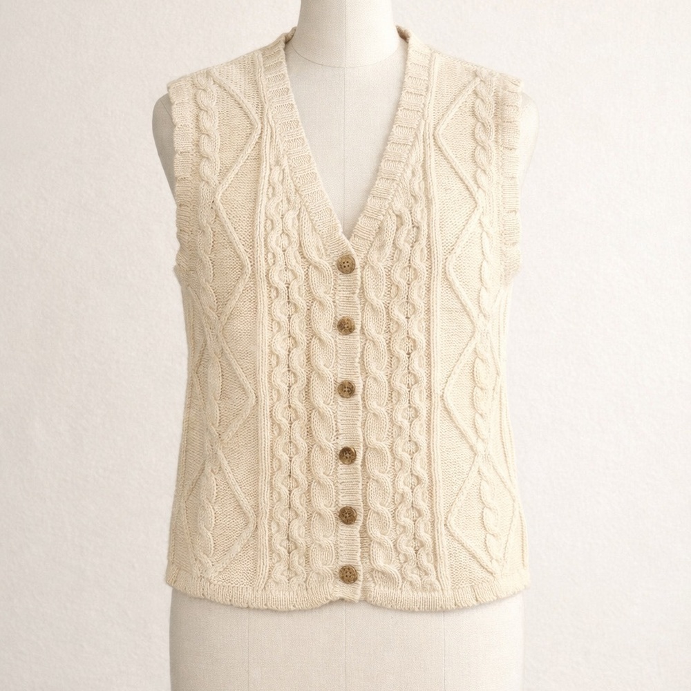 Vintage Sears Cable Knit Vest Cream Cotton Button Front Size 18